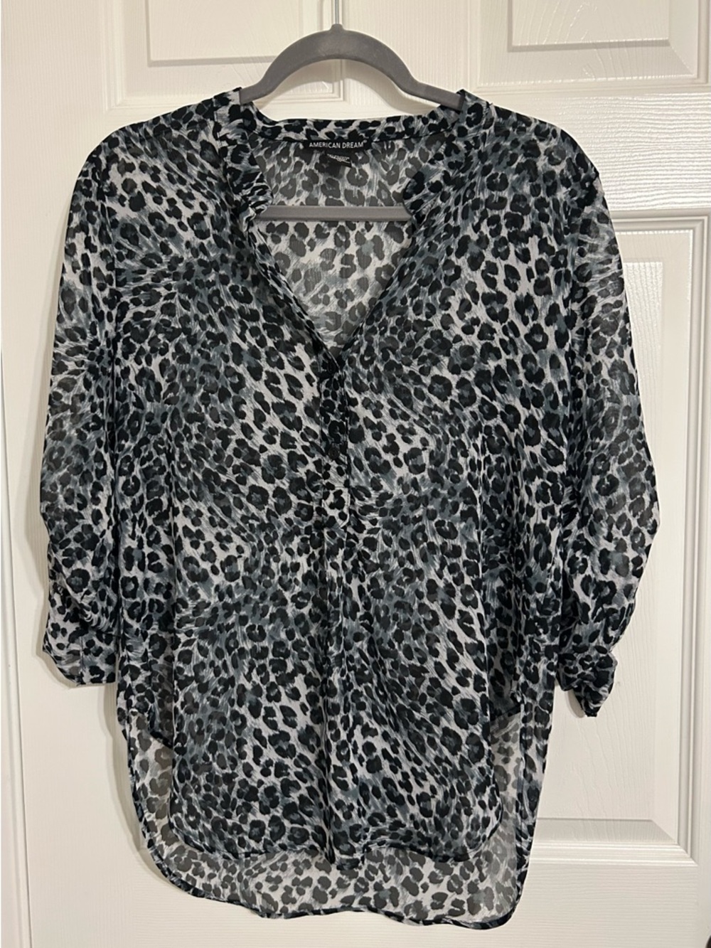 American Dream Black &‎ White Leopard-Print V-Neck Blouse